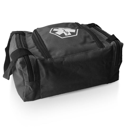 A black medical first responder bag shown from a side angle, featuring a main zippered compartment with a white Star of Life logo on the top flap, two zippered side pockets, and sturdy black carrying handles.
