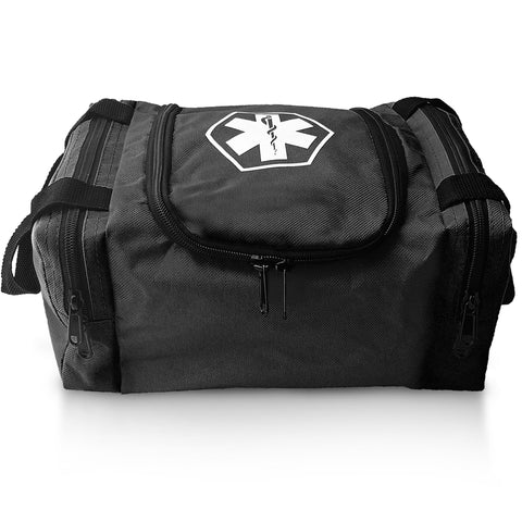 A front view of a black EMT trauma bag, showing the central main compartment with a dual-zipper opening, two side storage pockets, and a white Star of Life emblem clearly visible on the top lid.
