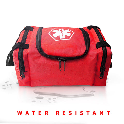 A red medical bag depicted with water droplets covering its surface to demonstrate the water-resistant properties of the material, accompanied by the text "WATER RESISTANT" at the bottom.