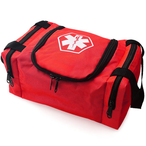 An angled studio shot of the red first responder bag, highlighting the durable fabric construction, black zipper pulls, shoulder strap attachments, and the medical logo on top.