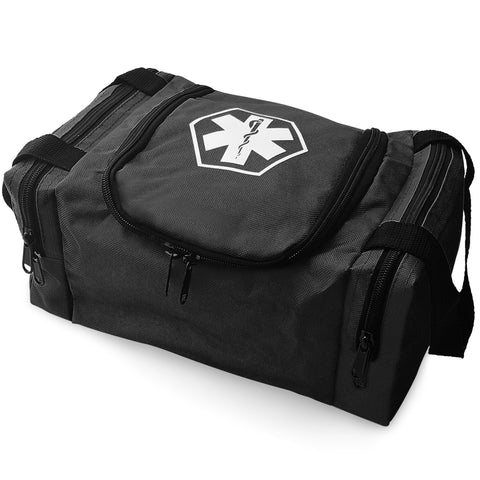 An angled studio shot of the black first responder bag, highlighting the durable fabric construction, black zipper pulls, shoulder strap attachments, and the medical logo on top.