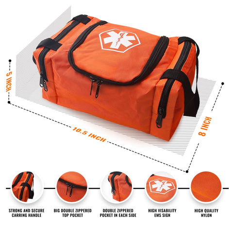 An annotated diagram of a orange EMS trauma bag displaying dimensions of 10.5 inches in length, 8 inches in height, and 5 inches in width, with text callouts highlighting features like the strong carrying handle, double zippered pockets, and high-quality nylon material.