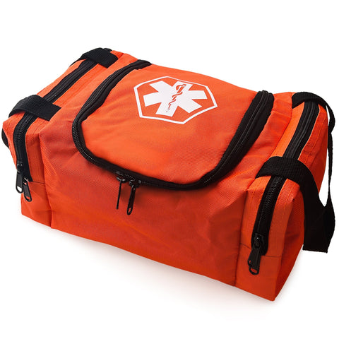An angled studio shot of the orange first responder bag, highlighting the durable fabric construction, black zipper pulls, shoulder strap attachments, and the medical logo on top.