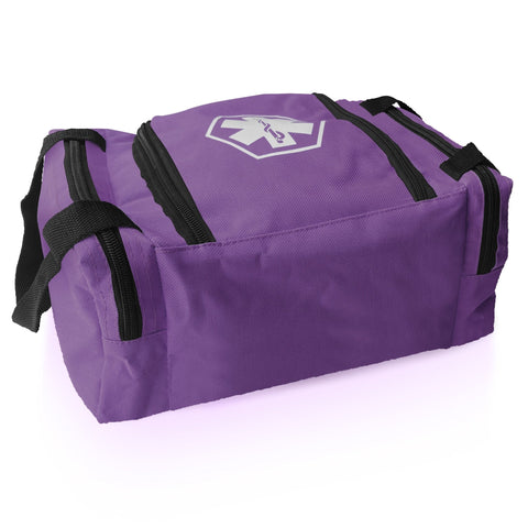 A purple medical first responder bag shown from a side angle, featuring a main zippered compartment with a white Star of Life logo on the top flap, two zippered side pockets, and sturdy black carrying handles.