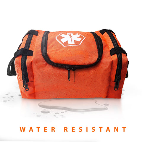 An orange medical bag depicted with water droplets covering its surface to demonstrate the water-resistant properties of the material, accompanied by the text "WATER RESISTANT" at the bottom.