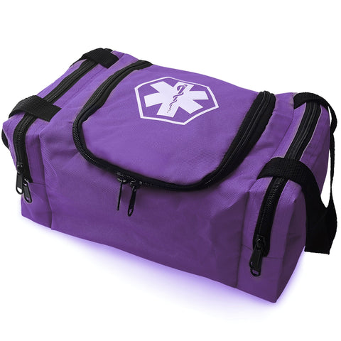 An angled studio shot of the purple first responder bag, highlighting the durable fabric construction, black zipper pulls, shoulder strap attachments, and the medical logo on top.