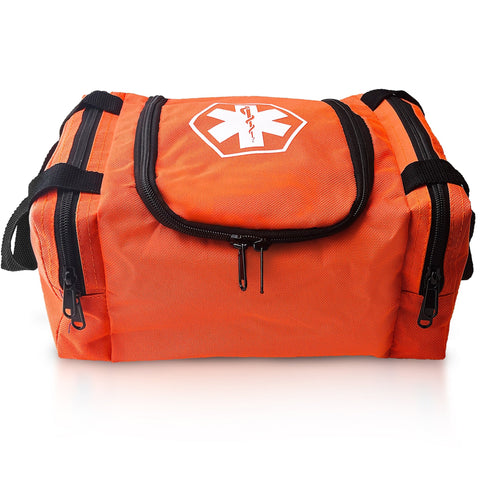 A front view of a orange EMT trauma bag, showing the central main compartment with a dual-zipper opening, two side storage pockets, and a white Star of Life emblem clearly visible on the top lid.