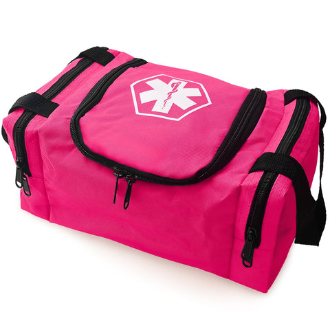 An angled studio shot of the pink first responder bag, highlighting the durable fabric construction, black zipper pulls, shoulder strap attachments, and the medical logo on top.