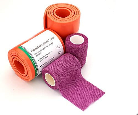 Universal Aluminum Rolled Emergency Splint and 2 Self - Adherent Cohesive Tape Rolls - Ideal Wrap for Sports, First Aid, Pets - ASA TECHMED