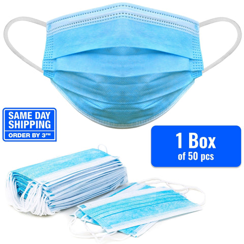 50-Pack Disposable Face Masks 3-Ply with Ear Loops, Single Use, Non Woven 1 Box PPE Essentials