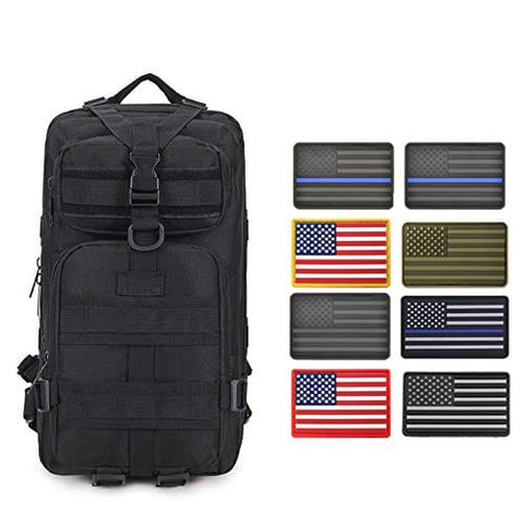 ASA Techmed Rucksack Military Tactical Molle Bag Backpack Waterproof Pouch + 8 U.S. Flag Patches for Outdoors, Hiking, Travel Black Sports