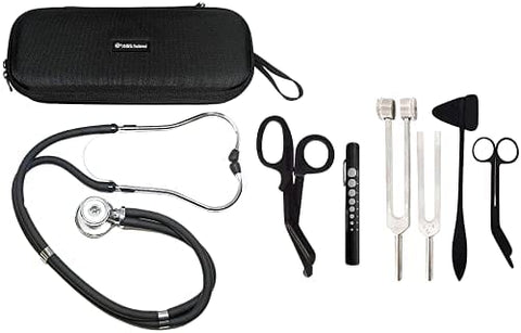 Dual Head Stethoscope with Storage Case, EMT Shears, Pen Light, Tuning Forks, Taylor Hammer, and Lister Scissors - Assorted Colors Black Nurse Kits