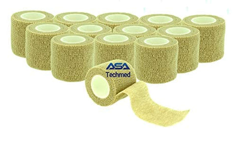 ASA TECHMED - 12 Pack, Red 2” x 5 Yards, Self-Adherent Cohesive Tape, Strong Sports Tape for Wrist, Ankle Sprains & Swelling, Self-Adhesive Bandage Rolls Tan Cohesive / Self Adhesive Bandages
