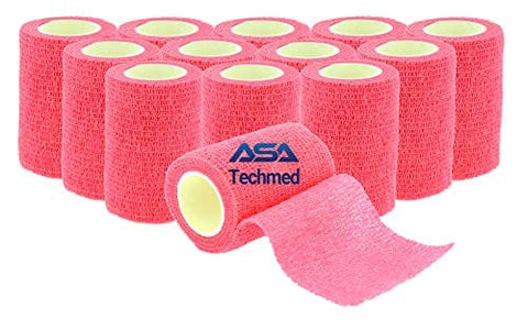 ASA TECHMED - 12 Pack, 3” x 5 Yards, Self-Adherent Cohesive Tape, Strong Sports Tape for Wrist, Ankle Sprains & Swelling, Self-Adhesive Bandage Rolls Pink Cohesive / Self Adhesive Bandages