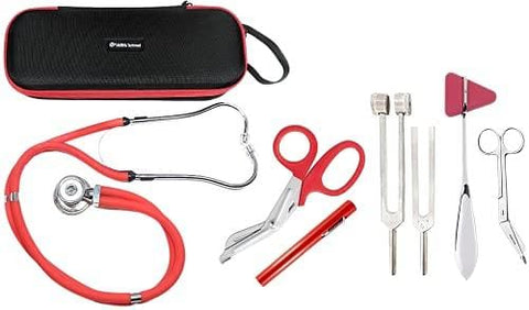 Dual Head Stethoscope with Storage Case, EMT Shears, Pen Light, Tuning Forks, Taylor Hammer, and Lister Scissors - Assorted Colors Red Nurse Kits