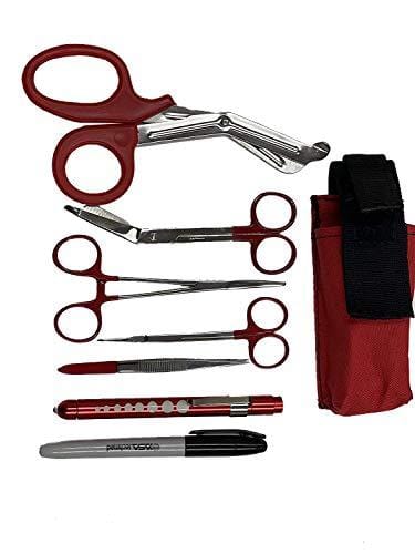 EMT/ First Responder Medical Tool Kit: Nylon Belt Pouch with EMT Shears, Bandage Scissors, Forceps, Hemostat, and More - Assorted Colors Blood Red EMT Gear