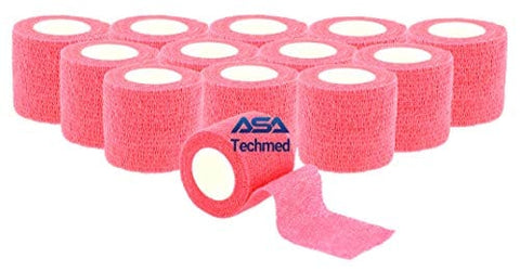 ASA TECHMED - 12 Pack, Red 2” x 5 Yards, Self-Adherent Cohesive Tape, Strong Sports Tape for Wrist, Ankle Sprains & Swelling, Self-Adhesive Bandage Rolls Pink Cohesive / Self Adhesive Bandages