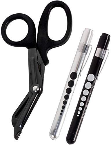 EMT Trauma Shears & LED Pupil Gauge Pen Light Combo (Batteries Included) Assorted Colors Black & Silver Nurse Products