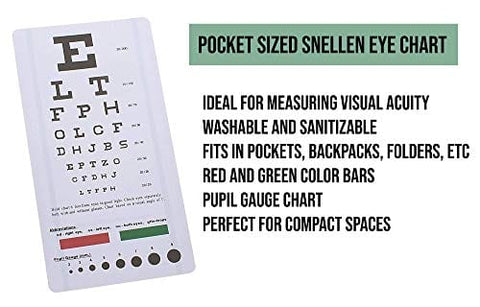 Snellen Pocket Eye Chart Wall Chart for Visual Acuity with Red + Green Lines, Pupil Gauge Eye Charts