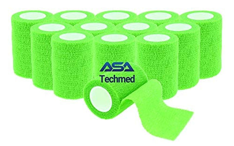 ASA TECHMED - 12 Pack, 3” x 5 Yards, Self-Adherent Cohesive Tape, Strong Sports Tape for Wrist, Ankle Sprains & Swelling, Self-Adhesive Bandage Rolls Green Cohesive / Self Adhesive Bandages