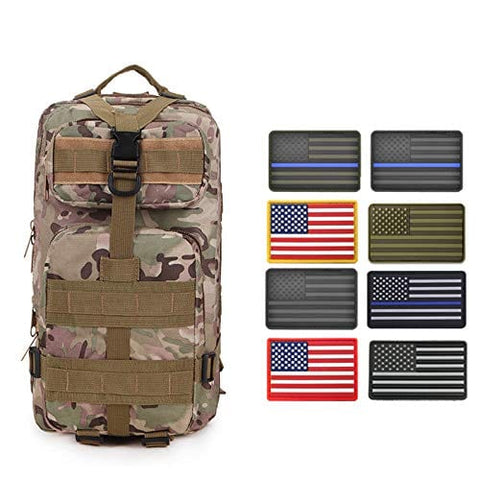 ASA Techmed Rucksack Military Tactical Molle Bag Backpack Waterproof Pouch + 8 U.S. Flag Patches for Outdoors, Hiking, Travel Brown Camo Sports