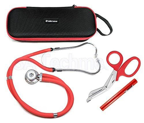 Dual Head Stethoscope with Matching Storage Case, EMT Shears and Pen Light - Assorted Colors Red Nurse Kits