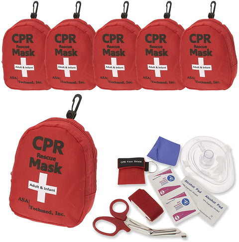 CPR Rescue Mask, Pocket Resuscitator with One Way Valve, Scissors, Tourniquet, Gloves, Wipes 6-Pack CPR Masks