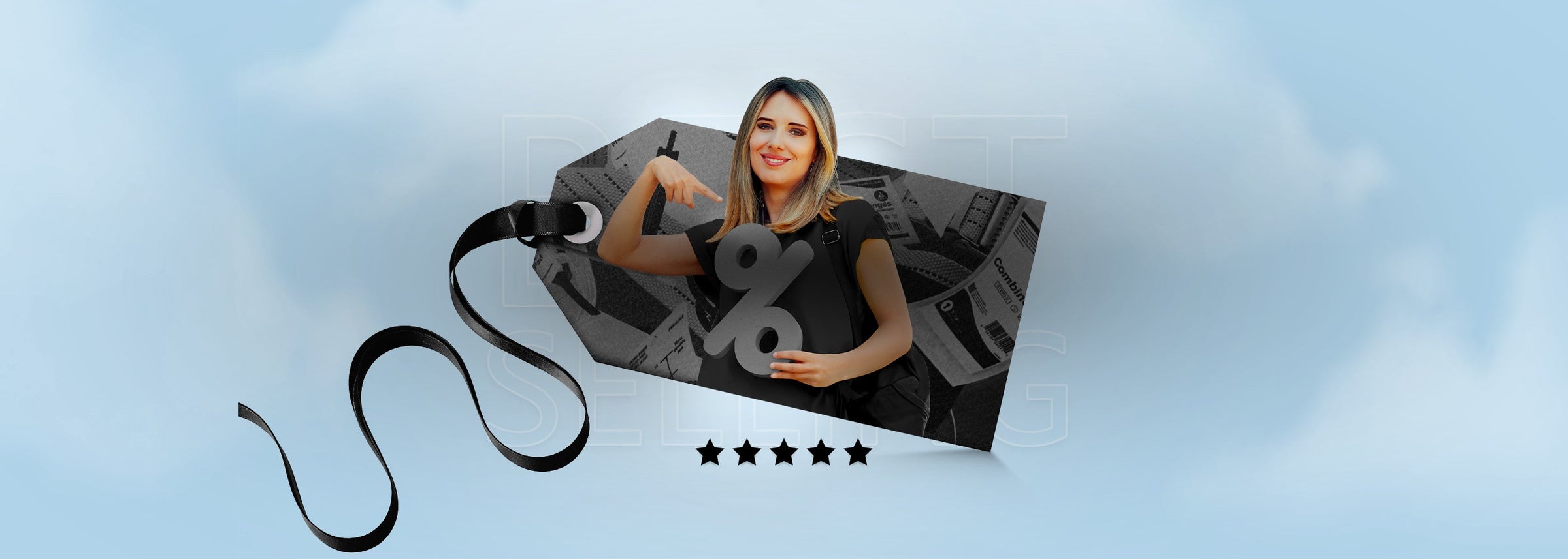 Woman pointing at a percentage discount sign on a price tag with five stars, representing the best-selling and top-rated medical supplies collection.