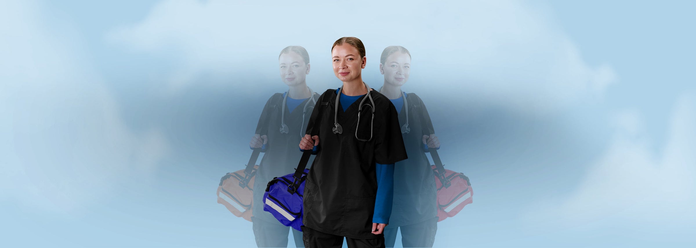 A female paramedic in black scrubs carrying a blue professional trauma medical bag, representing the EMT Trauma Medical Bags collection.