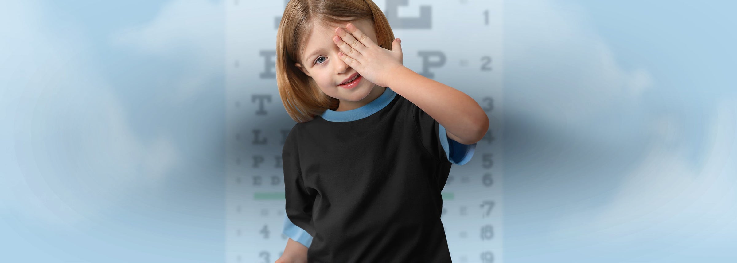 A young girl covering one eye during an eye exam with a blurry Snellen eye chart in the background, representing visual acuity tools.
