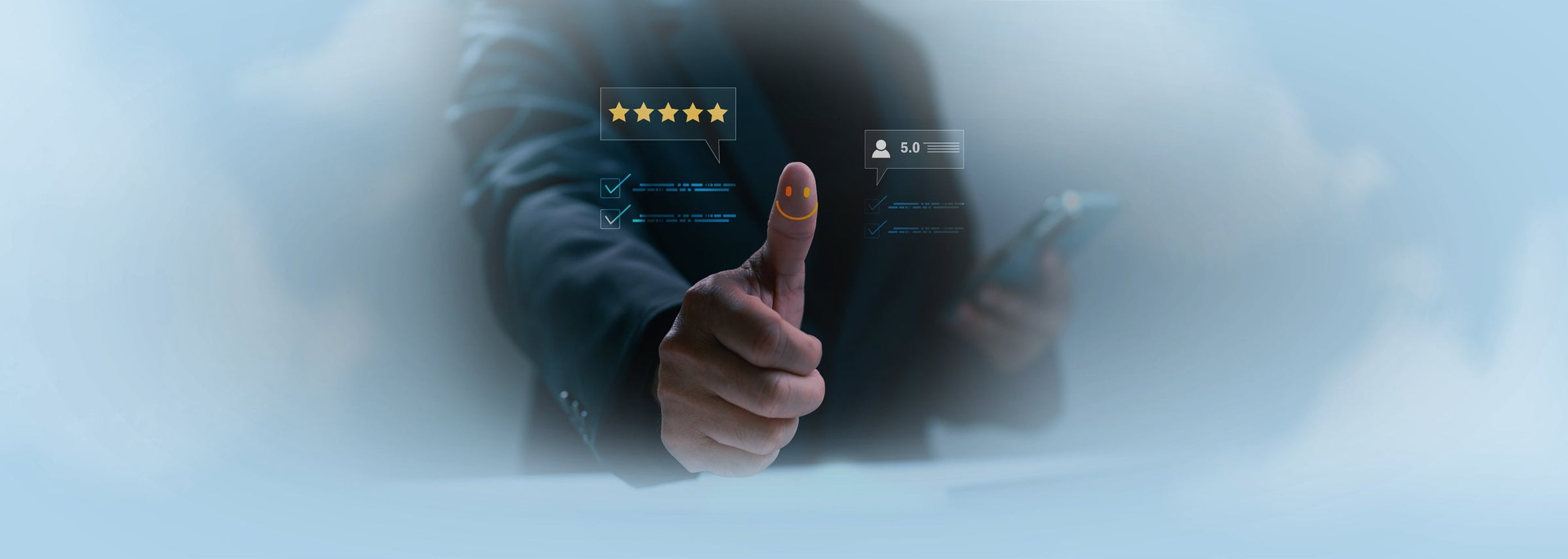 A high-satisfaction rating concept featuring a thumb up with a smiley face and five stars, representing the top-rated and Featured medical collection.