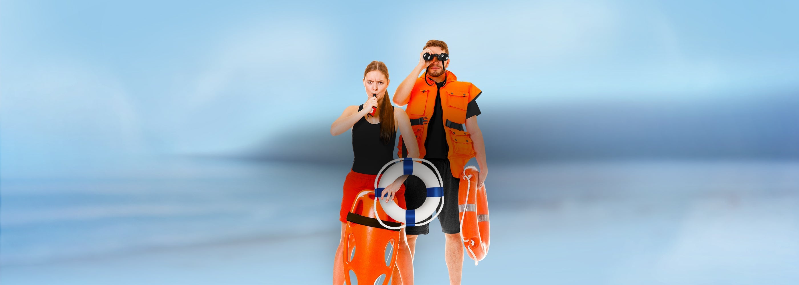 Male and female lifeguards holding professional rescue buoys and life rings, representing the Lifeguard Rescue Equipment collection.