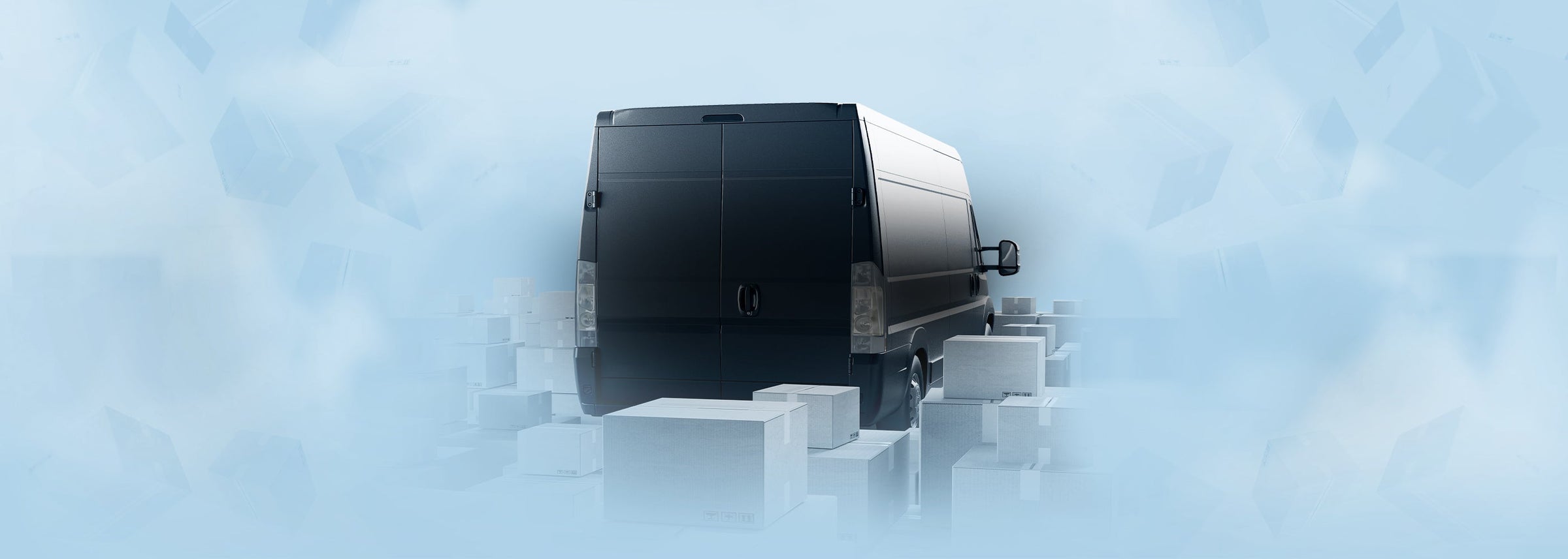 A black delivery van surrounded by shipping boxes on a light blue background, representing the New Arrivals collection.