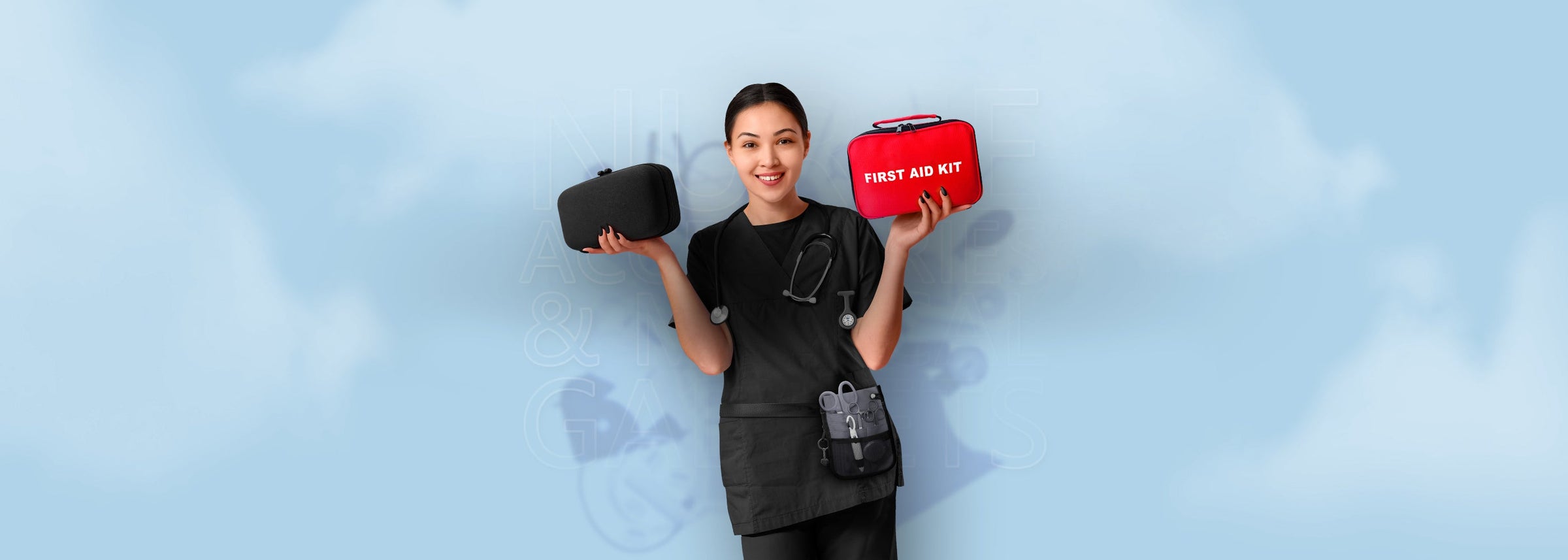 A smiling nurse in black scrubs holding a red first aid kit and a black equipment case, representing the Nurse Accessories & Medical Gadgets collection.
