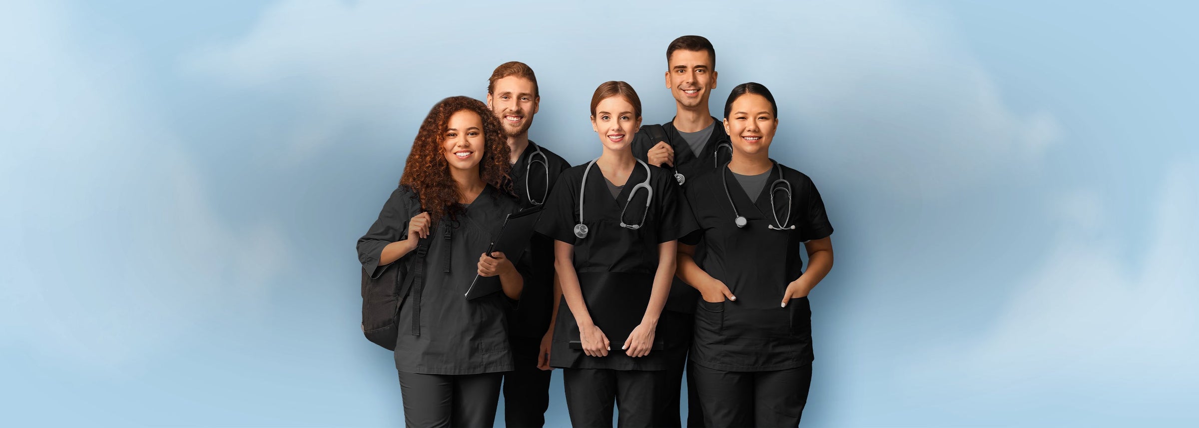 Group of nursing students wearing black scrubs and stethoscopes, representing Nursing Student Kits & Clinical Starter Sets. Essential gear for medical school and clinical rotations, including backpacks and diagnostic tools.