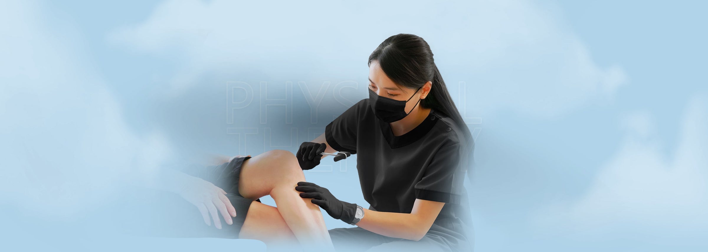 A physical therapist using a reflex hammer on a patient's knee, representing physical therapy and rehab equipment.