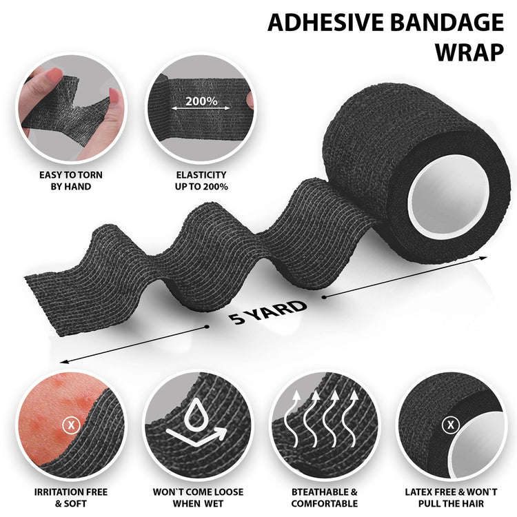 Black adhesive bandage wrap with features highlighted on a white background