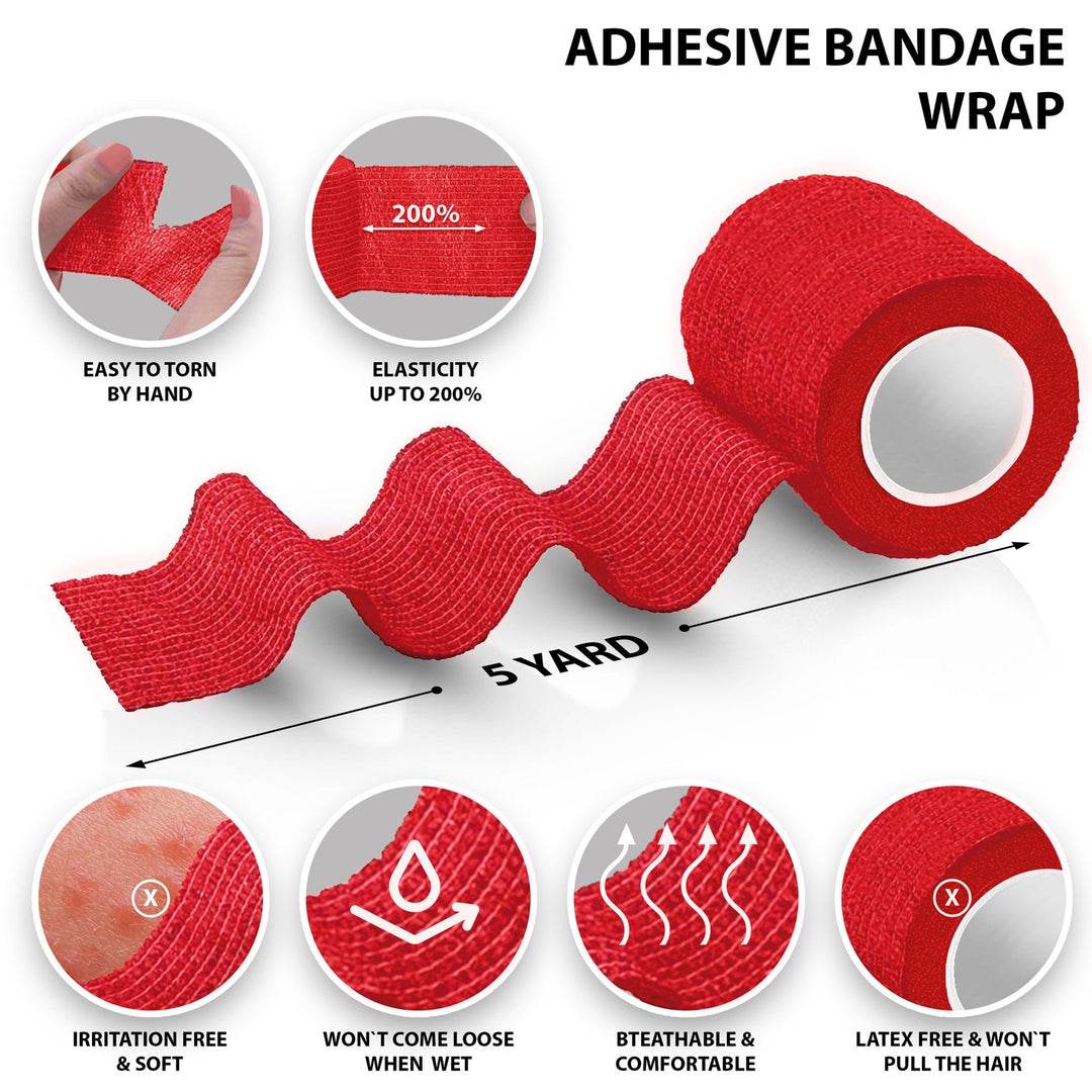 Red adhesive bandage wrap with features highlighted on a white background