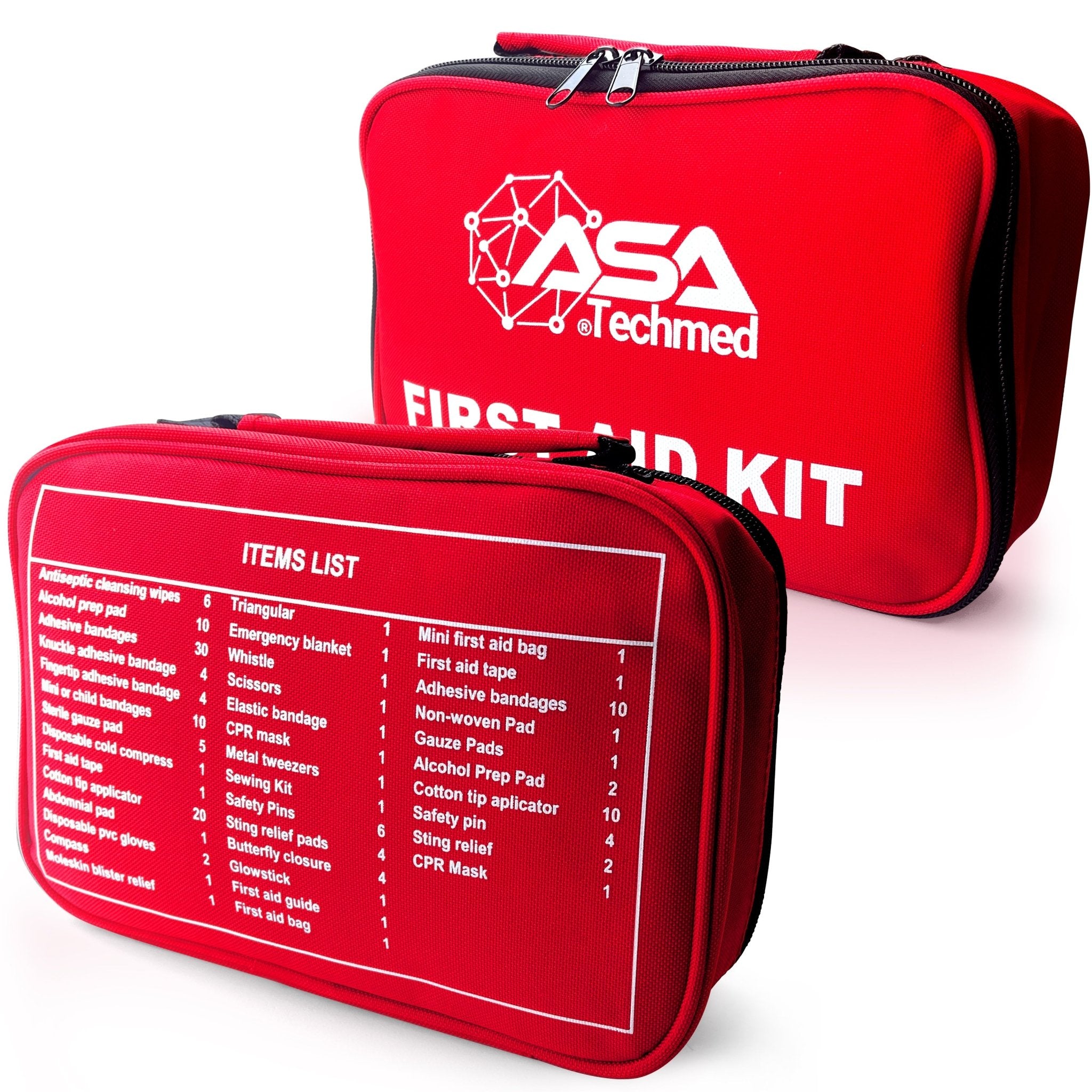 A red ASA Techmed First Aid Kit bag is shown in the background, with a second bag in the foreground displaying a detailed white "ITEMS LIST" on its side, enumerating the quantities of supplies like antiseptic cleansing wipes, various bandages, trauma shears, gloves, and a CPR mask.