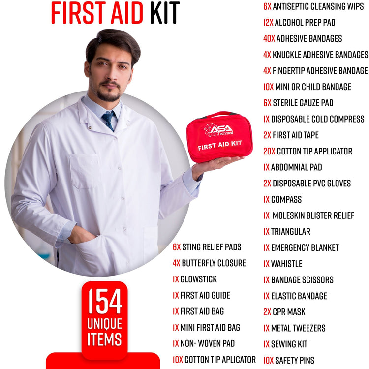 A man in a white lab coat holds a small red "ASA Techmed FIRST AID KIT" bag. Next to him is a list of the 154 unique items contained in the kit, including antiseptic wipes, various bandages, gauze pads, a disposable cold compress, a compass, a glowstick, a CPR mask, and metal tweezers.