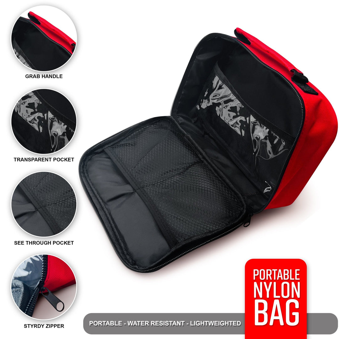 A red, zippered first aid bag opened to show its black interior organization. Details highlight a grab handle, transparent pockets, see-through mesh pockets, and a sturdy zipper. The text identifies it as a Portable, Water Resistant, Lightweight Nylon Bag.