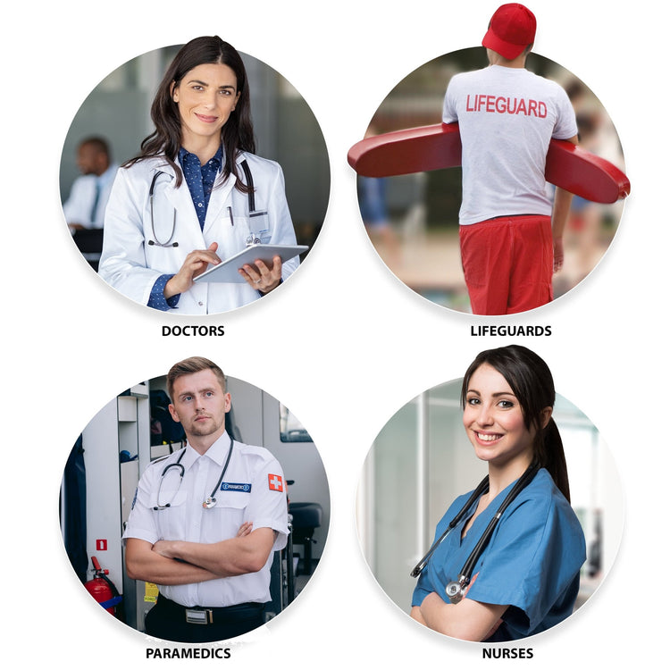 Four circular photos showing professionals who use first aid: a woman doctor holding a tablet, a lifeguard holding a rescue buoy, a male paramedic with arms crossed, and a female nurse smiling. The circles are labeled "Doctors," "Lifeguards," "Paramedics," and "Nurses."