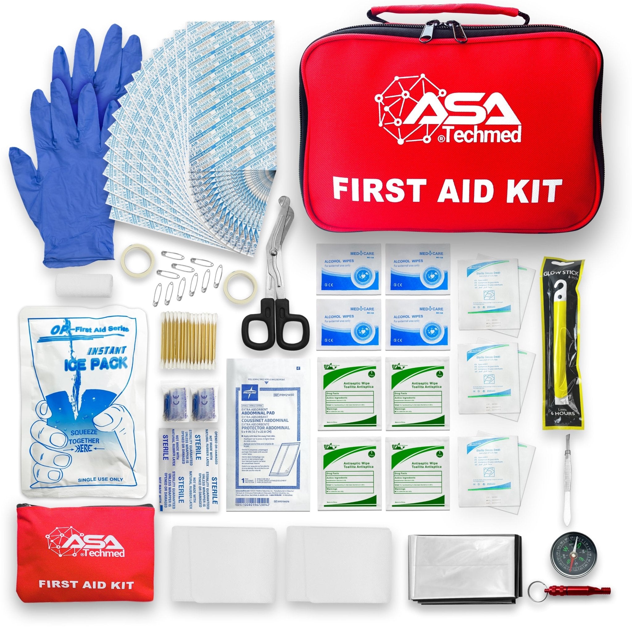 A comprehensive lay-flat view of the contents of a red ASA Techmed First Aid Kit, including the large red bag and a mini red bag. Items displayed include blue disposable gloves, numerous adhesive bandages, an instant ice pack, trauma shears, safety pins, cotton swabs, antiseptic wipes, gauze pads, a glow stick, and a whistle/compass.