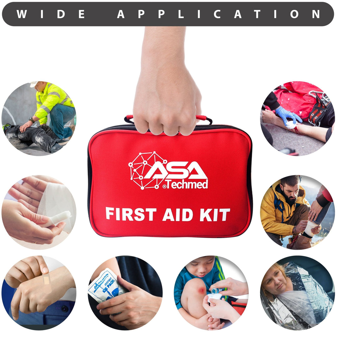A hand holding the red ASA Techmed First Aid Kit bag is surrounded by seven circular photos illustrating its "WIDE APPLICATION." The photos show people using first aid in various scenarios, including construction, treating a cut arm, bandaging a hand, applying a bandage, using an ice pack, treating a child's scraped knee, and an emergency blanket use.
