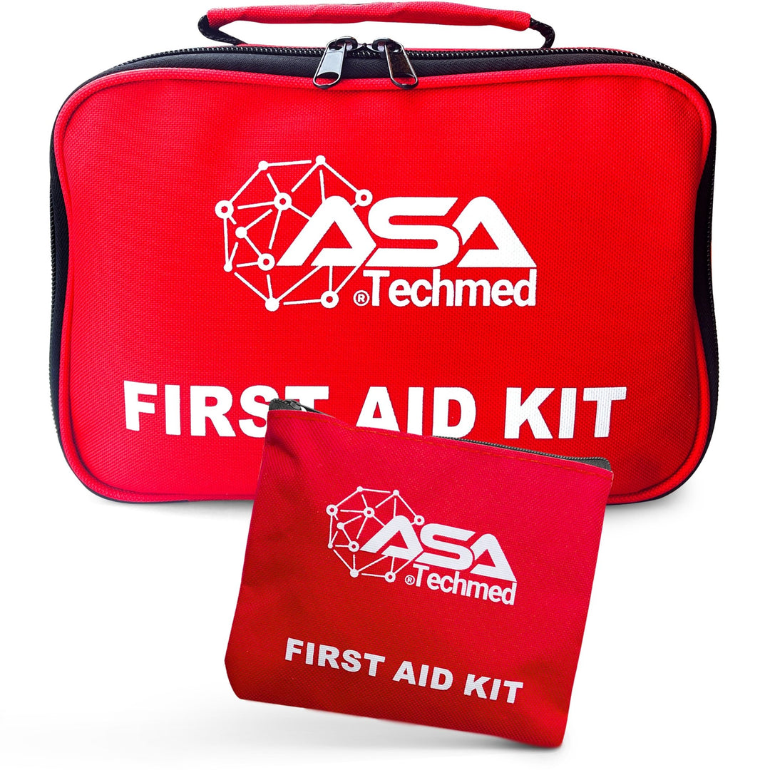 A product image showing the large red ASA Techmed First Aid Kit bag positioned behind a smaller, matching red ASA Techmed Mini First Aid Bag.