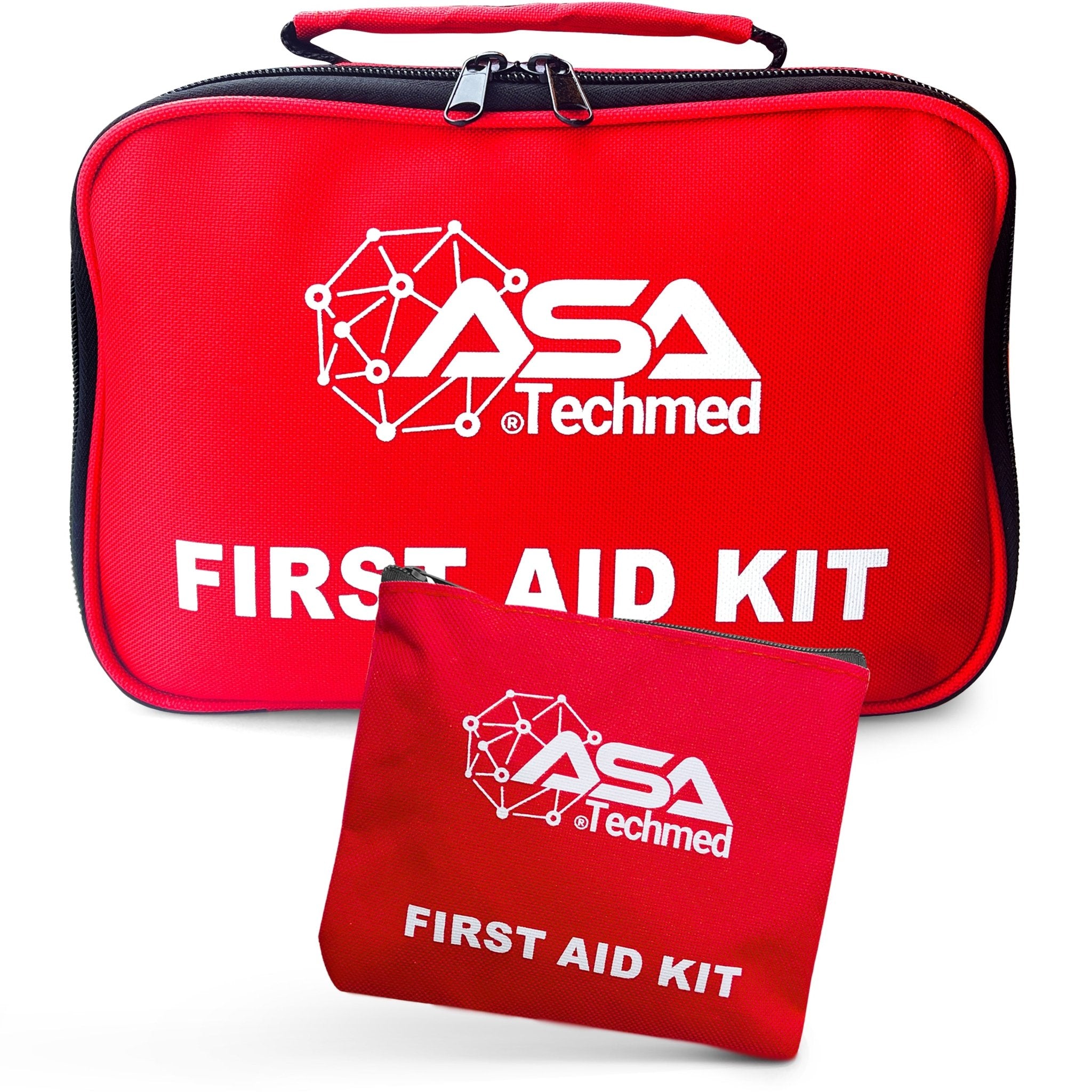A product image showing the large red ASA Techmed First Aid Kit bag positioned behind a smaller, matching red ASA Techmed Mini First Aid Bag.