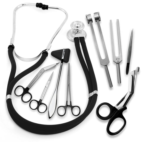 A black medical diagnostic kit including a dual-head stethoscope, reflex hammer, bandage scissors, hemostat forceps, tweezers, and two tuning forks.