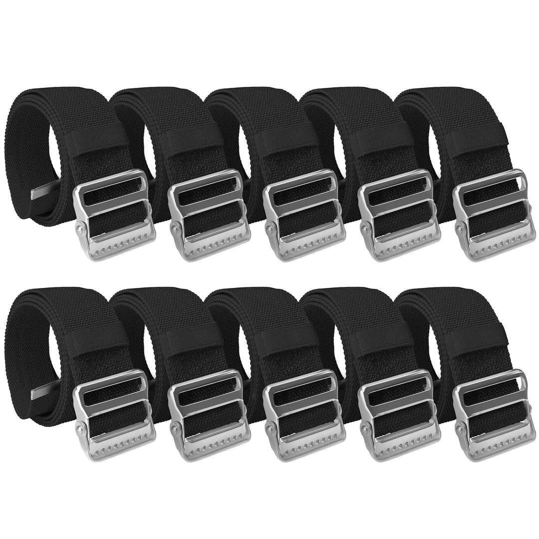 A studio shot of a bulk set containing ten black gait belts. The belts are neatly arranged in two parallel rows of five against a white background. Each item is coiled to display the heavy-duty metal buckle and the texture of the cotton strap.