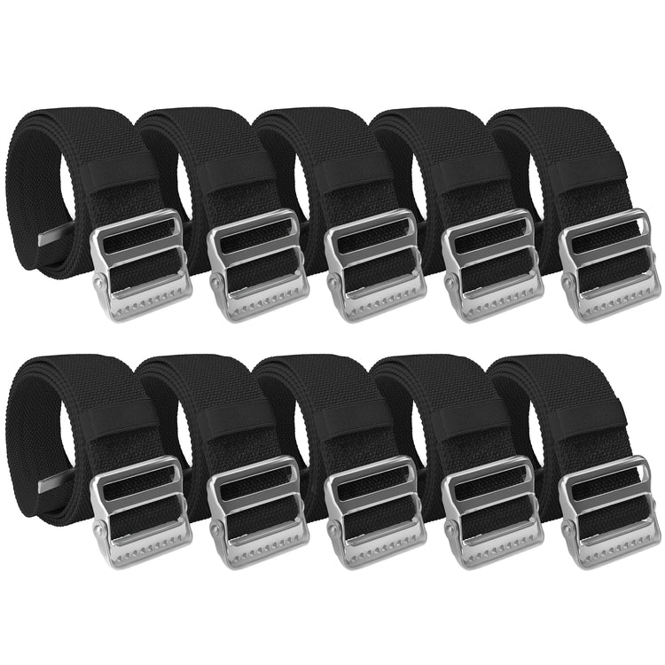 A studio shot of a bulk set containing ten black gait belts. The belts are neatly arranged in two parallel rows of five against a white background. Each item is coiled to display the heavy-duty metal buckle and the texture of the cotton strap.