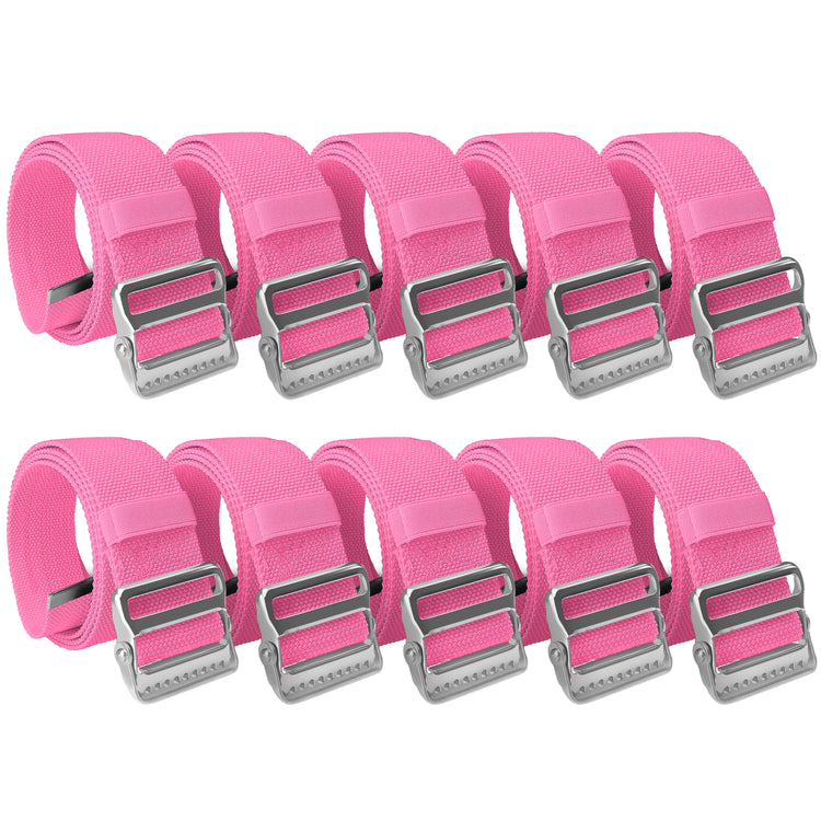 A studio shot of a bulk set containing ten pink gait belts. The belts are neatly arranged in two parallel rows of five against a white background. Each item is coiled to display the heavy-duty metal buckle and the texture of the cotton strap.